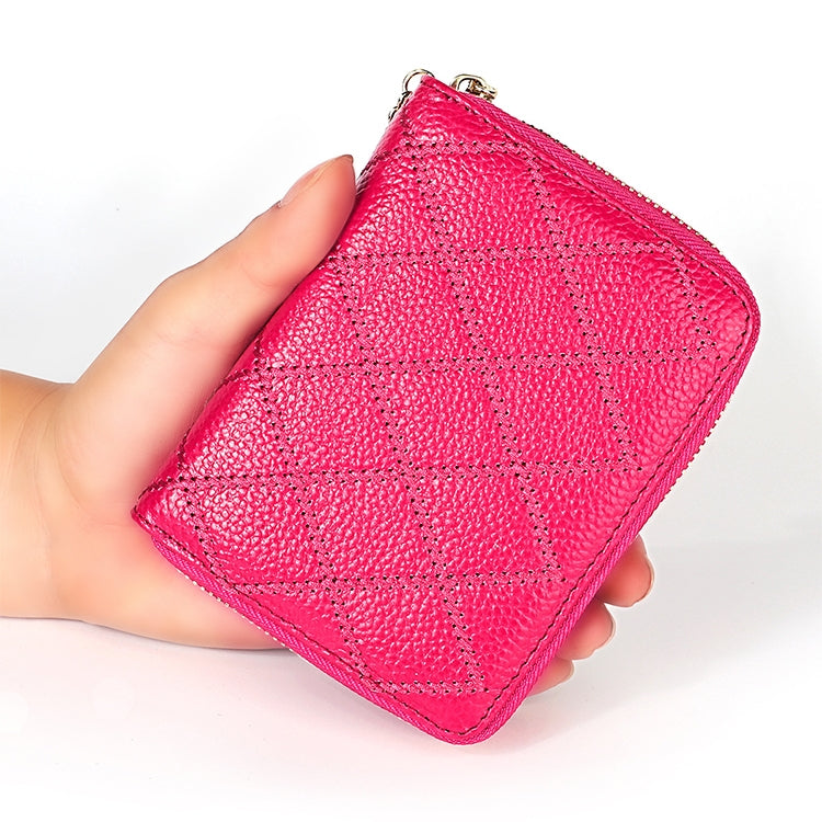 KB213 Diamond Texture Zipper Cowhide Leather Double Row Organ Shape Multiple Card Slots Anti-magnetic RFID Wallet Clutch Bag for Ladies (Rose Red) by bashfashion