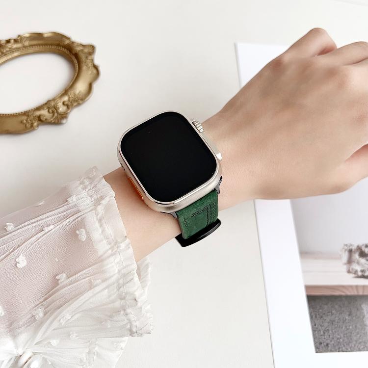 For Apple Watch 42mm / 41mm / 40mm / 38mm 7-Line Tri-Star Buckle Pull Up Leather Watch Band(Black Blue Thread) by bashfashion