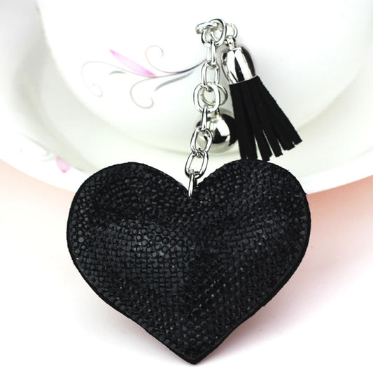 Heart Keychain Leather Tassel Gold Key Holder Metal Crystal Key Chain Keyring Charm Bag Auto Pendant Gift(black) by bashfashion