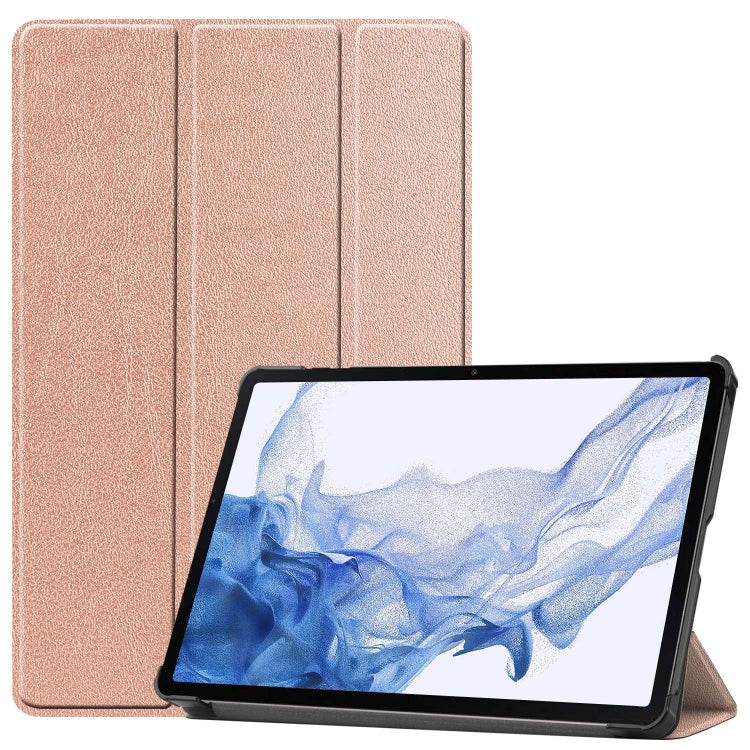 For Samsung Galaxy Tab S9 Custer Pure Color 3-Fold Holder Smart Leather Tablet Case(Rose Gold) by bashfashion