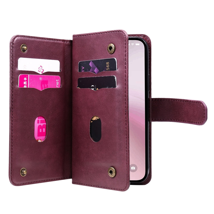 For iPhone 16e Multi-Function Wallet 10 Card Slots Leather Phone Case(Claret) by bashfashion