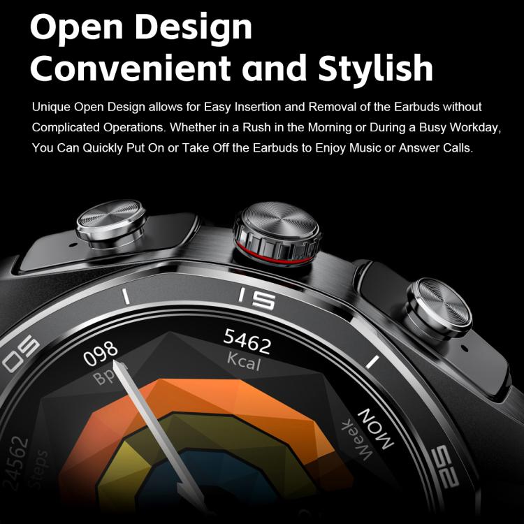 GT97 1.53 inch Round Screen 2 in 1 Bluetooth Earphone Leather Strap Smart Watch Supports Bluetooth Calls(Silver) by bashfashion