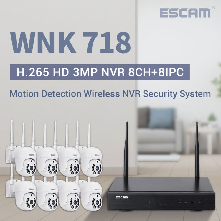 ESCAM WNK718 HD 3.0 Million Pixels 8-channel Wireless + 8IPC Wireless NVR Security System, EU Plug by ESCAM