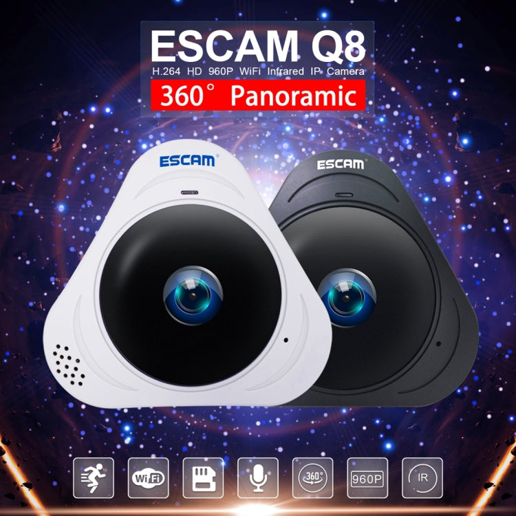 ESCAM Q8 960P 360 Degrees Fisheye Lens 1.3MP WiFi IP Camera, Support Motion Detection / Night Vision, IR Distance: 5-10m, US Plug(White) by ESCAM