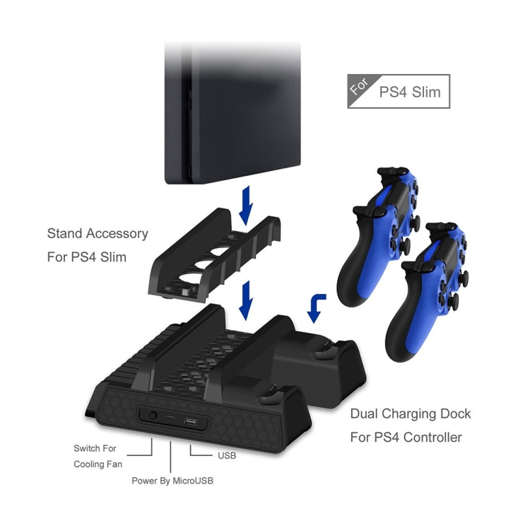 DOBE TP4-882 3 in 1 Game Console Cooling Fan + Game Storage Slots + Game Controller Charging Dock for Sony PS4 / PS4 Pro / PS4 Slim(Black) by DOBE
