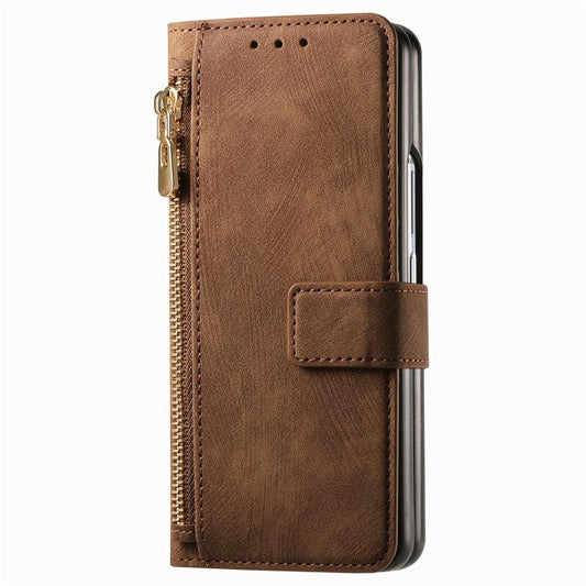 For Samsung Galaxy Z Fold4 Retro MagSafe Magnetic Zipper Wallet Leather Phone Case(Brown) by bashfashion