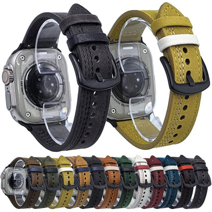 For Apple Watch 42mm / 41mm / 40mm / 38mm 7-Line Tri-Star Buckle Pull Up Leather Watch Band(Light Yellow White Thread) by bashfashion