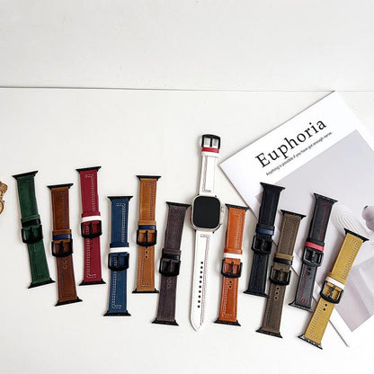 For Apple Watch 42mm / 41mm / 40mm / 38mm 7-Line Tri-Star Buckle Pull Up Leather Watch Band(Crazy Horse Green Black Thread) by bashfashion