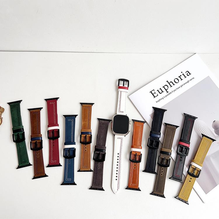 For Apple Watch 42mm / 41mm / 40mm / 38mm 7-Line Tri-Star Buckle Pull Up Leather Watch Band(Black Red Thread) by bashfashion