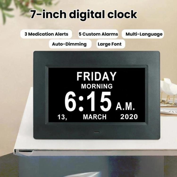 7-inch Digital Frame Calendar Day Clock With 3 Medication Alerts, 5 Custom Alarms, Multi-Language Support UK Plug White by bashfashion